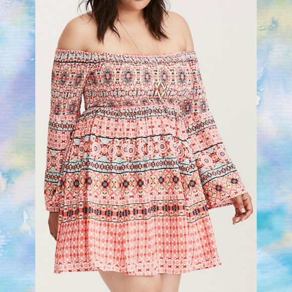 torrid Dresses & Skirts - SOLD-Torrid Mosaic Smocked Bell Sleeve Dress